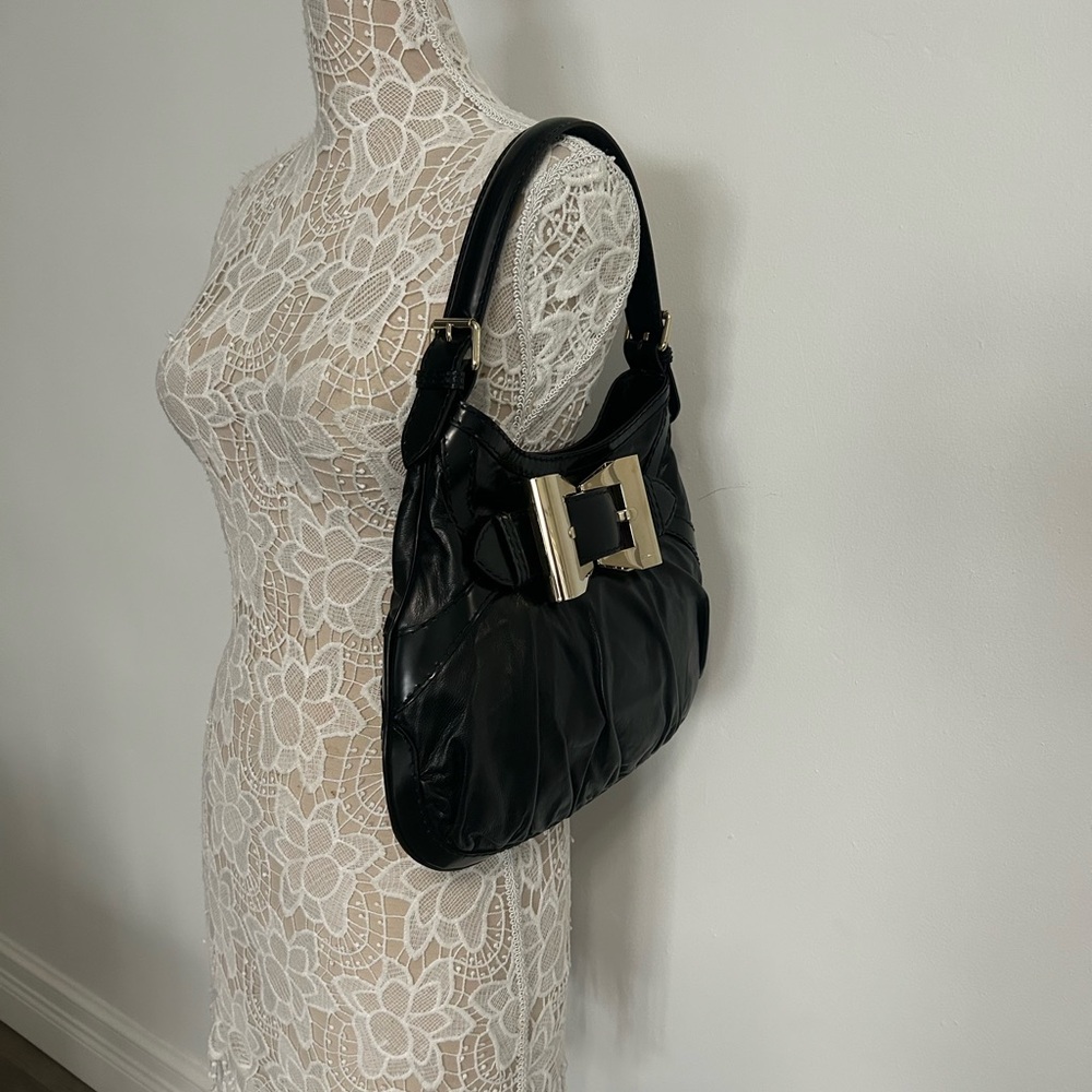 Gucci Black Leather Shoulder Bag With Silver Buckle, Excellent Condition